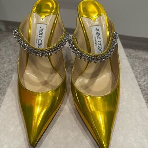 Jimmy Choo Metallic Gold Heels with Crystal Strap
